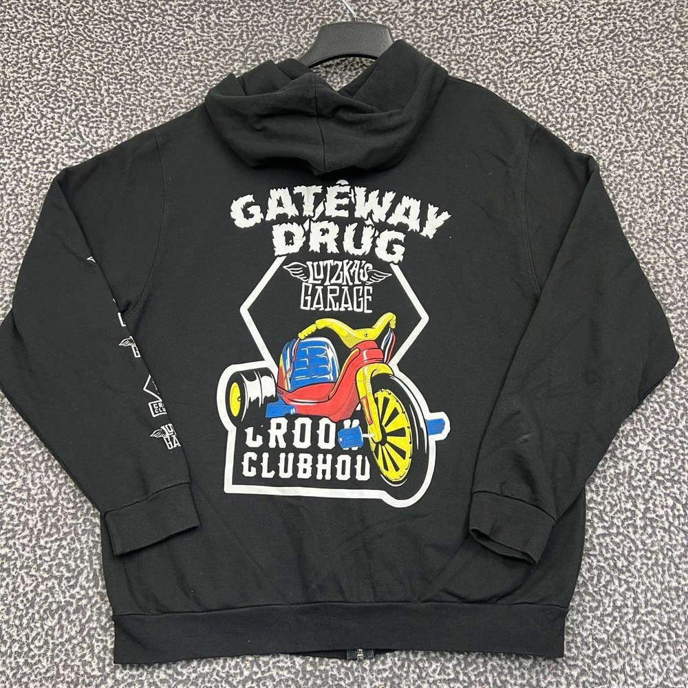 Lutzka's Garage Hoodie Men Large Black Crooked Clubhouse Full Zip Long Sleeve L